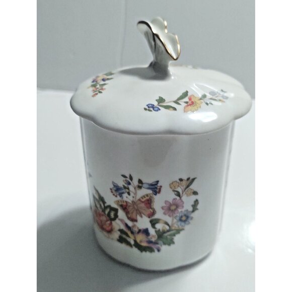 Aynsley Vintage Bone China Cottage Garden - Lidded Jam Pot Butterfly Handle 5" - Picture 14 of 14